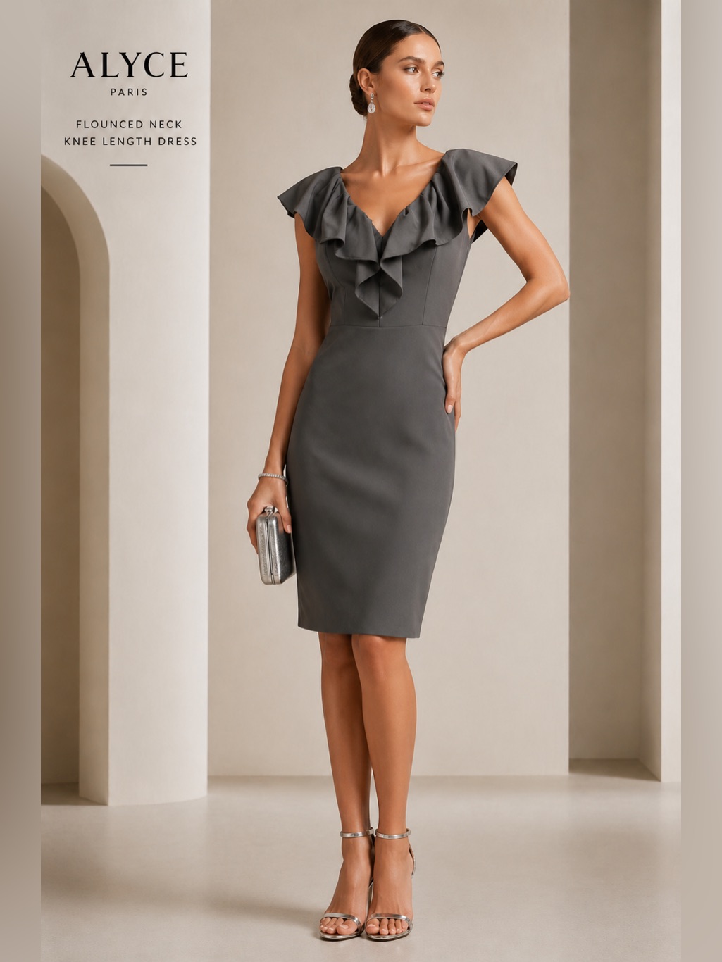 Alyce Paris Flounced Neck Charcoal Grey Midi Dress Size 10